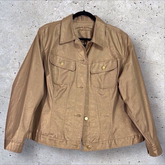 Ralph Lauren Jeans Trucker Jacket Womens 2X Metallic Gold Beige Denim Shimmery - Picture 1 of 9